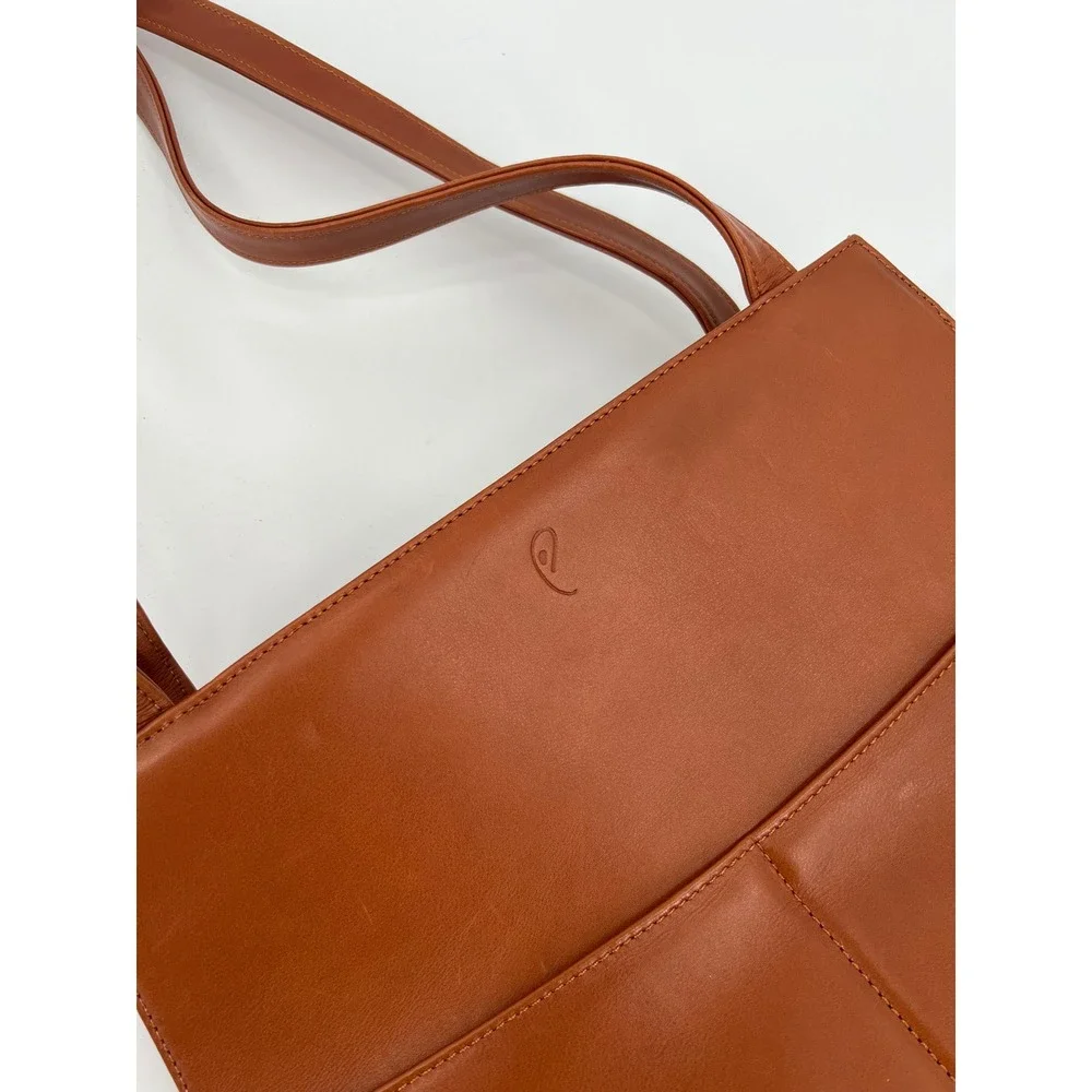 Vintage INDE Cognac Brown Leather Trapezoid Shoulder Bag Minimalist Tote 90s Y2K